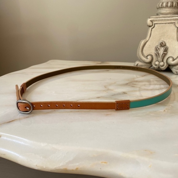 J. Crew Tan Leather And Teal Green Color block Belt - Size Medium - Picture 5 of 9